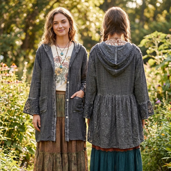 Jaded Gypsy Tops - JADED GYPSY Elysia Weekend Hooded gauze and lace distressed wash tunic duster